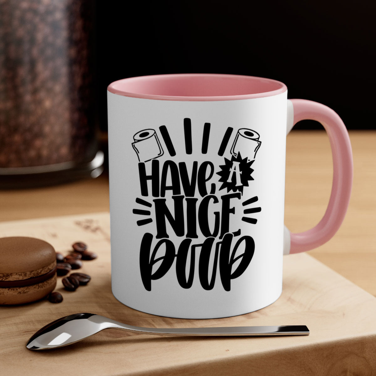 Have a Nice Poop Mug with a glossy finish and colorful handle, available in multiple sizes.