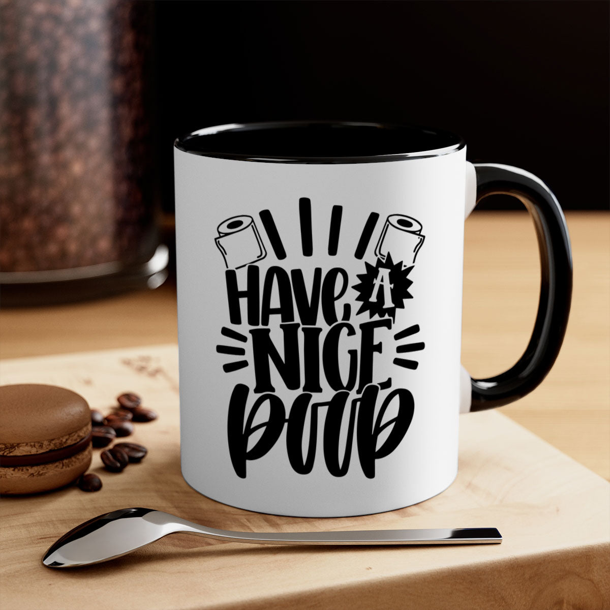 Have a Nice Poop Mug with a glossy finish and colorful handle, available in multiple sizes.