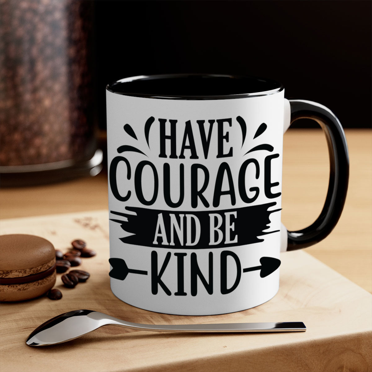 Have Courage and Be Kind Mug with colorful handle and glossy finish, available in multiple colors and sizes.