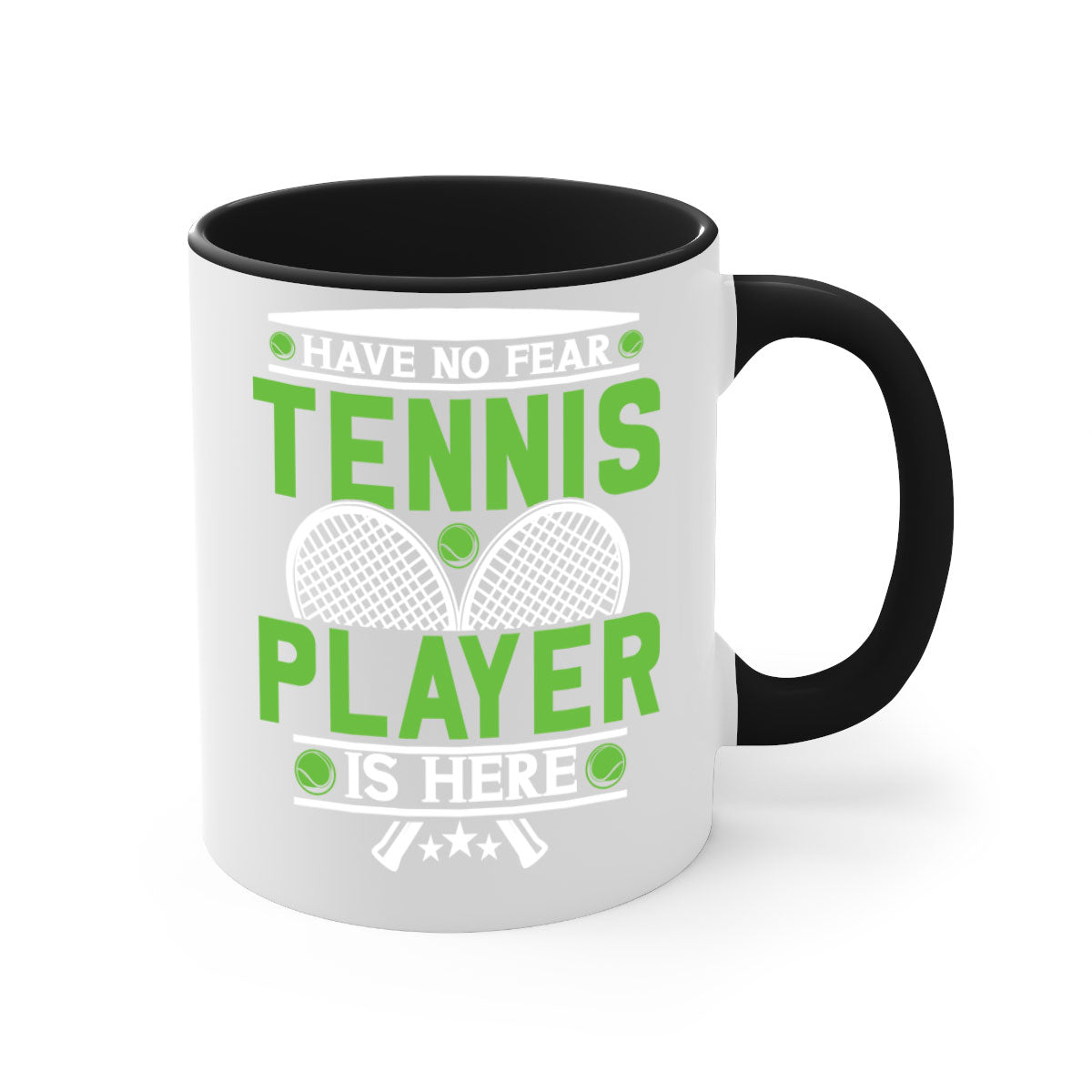 Have No Fear Tennis Player Mug featuring a glossy finish, colored handle, and interior, available in multiple colors.