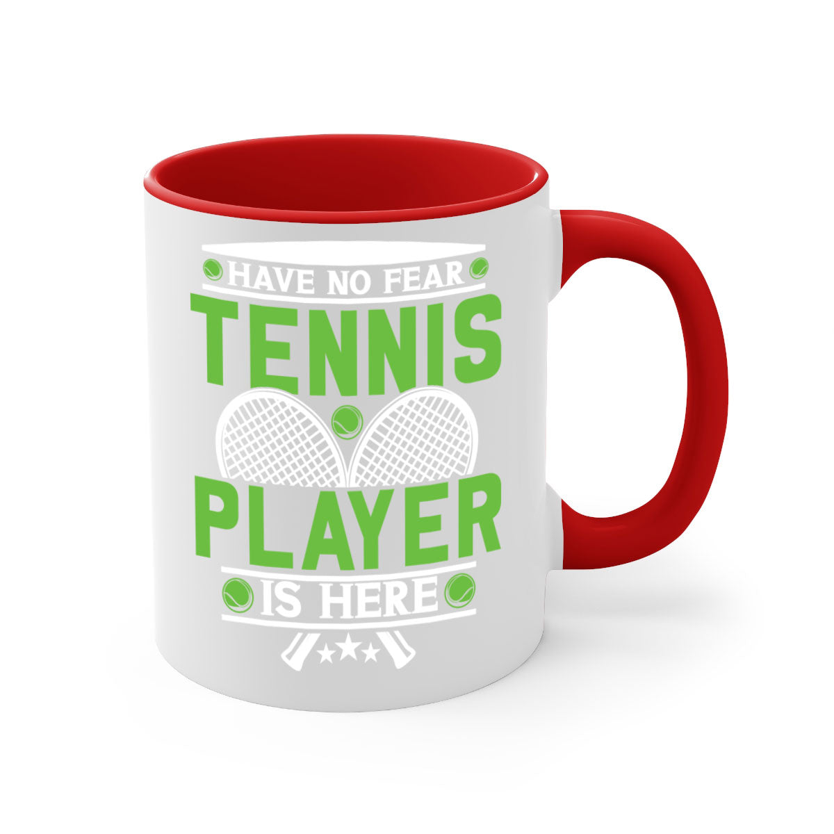 Have No Fear Tennis Player Mug featuring a glossy finish, colored handle, and interior, available in multiple colors.