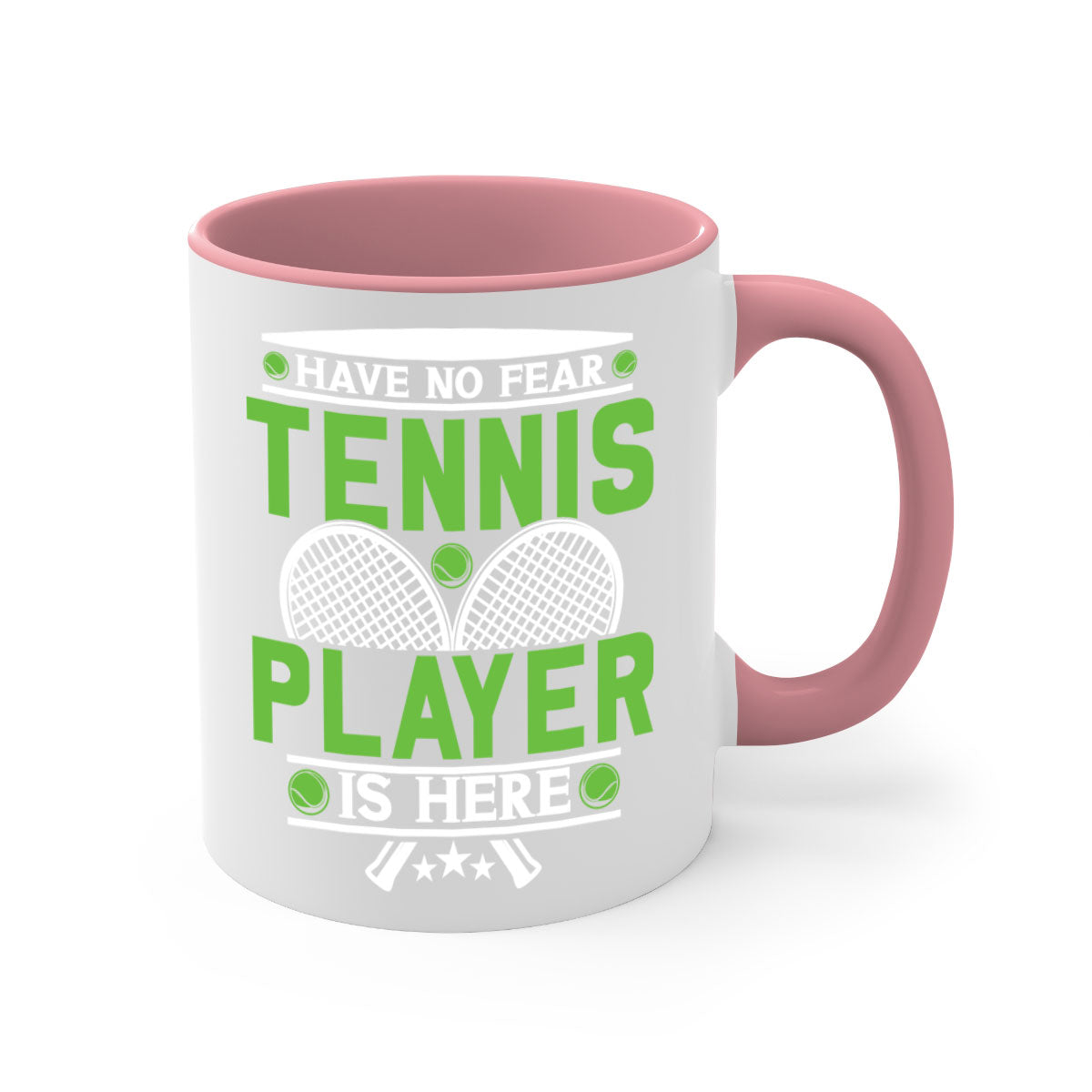Have No Fear Tennis Player Mug featuring a glossy finish, colored handle, and interior, available in multiple colors.