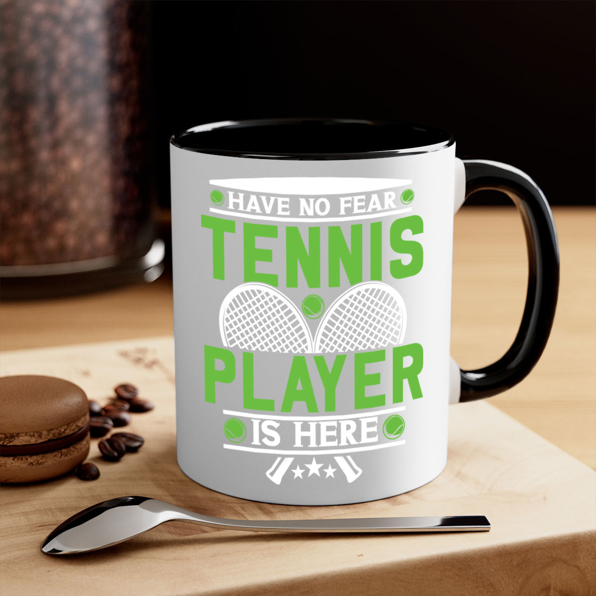 Have No Fear Tennis Player Mug featuring a glossy finish, colored handle, and interior, available in multiple colors.
