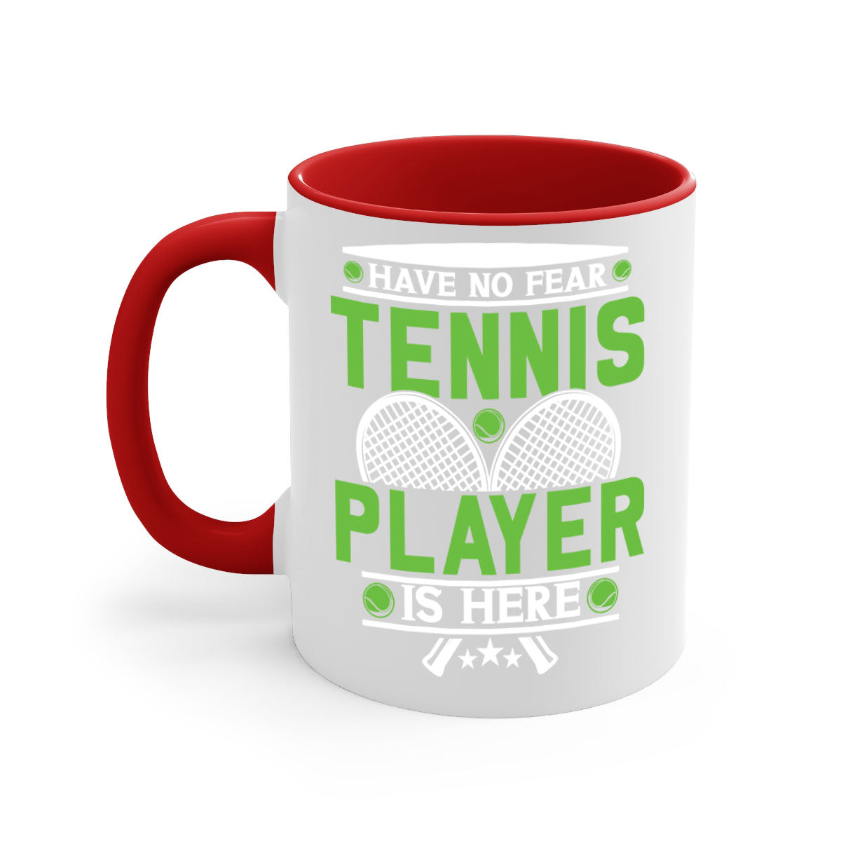 Have No Fear Tennis Player Mug featuring a glossy finish, colored handle, and interior, available in multiple colors.