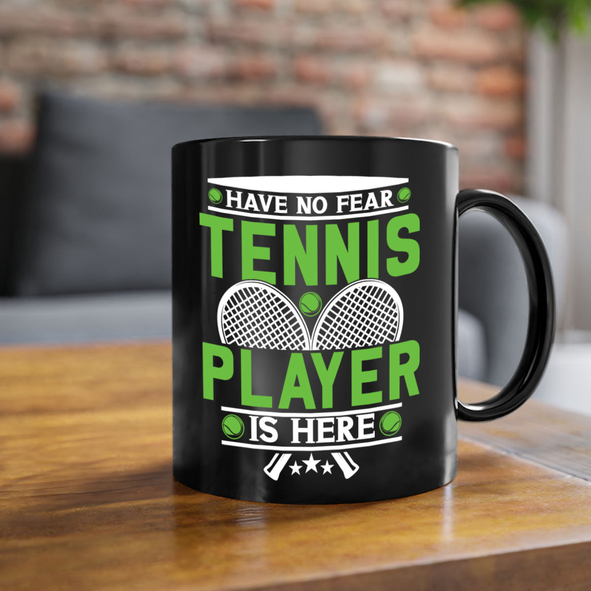 Have No Fear Tennis Player Mug featuring a glossy finish, colored handle, and interior, available in multiple colors.