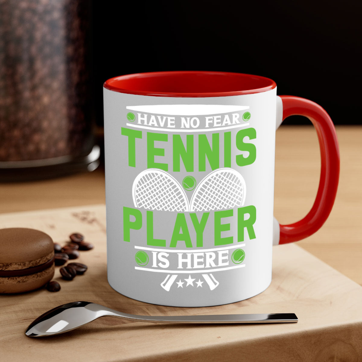 Have No Fear Tennis Player Mug featuring a glossy finish, colored handle, and interior, available in multiple colors.