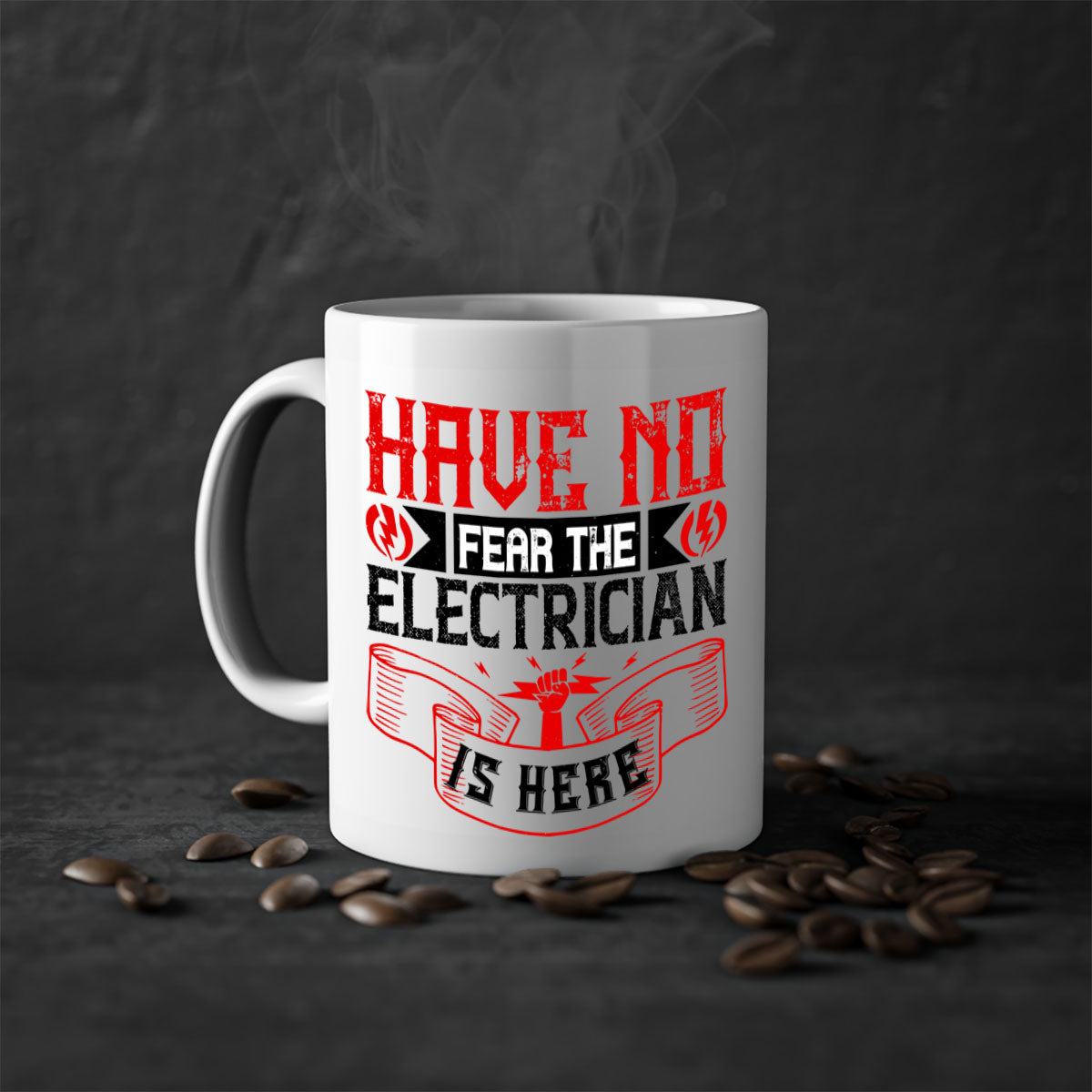 Two-tone ceramic mug with 'Have no fear the electrician is here' design, featuring a colored handle and glossy finish.