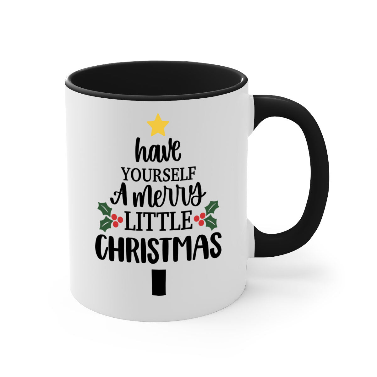 A festive two-tone Christmas mug with a colored handle and glossy finish, perfect for coffee or tea.
