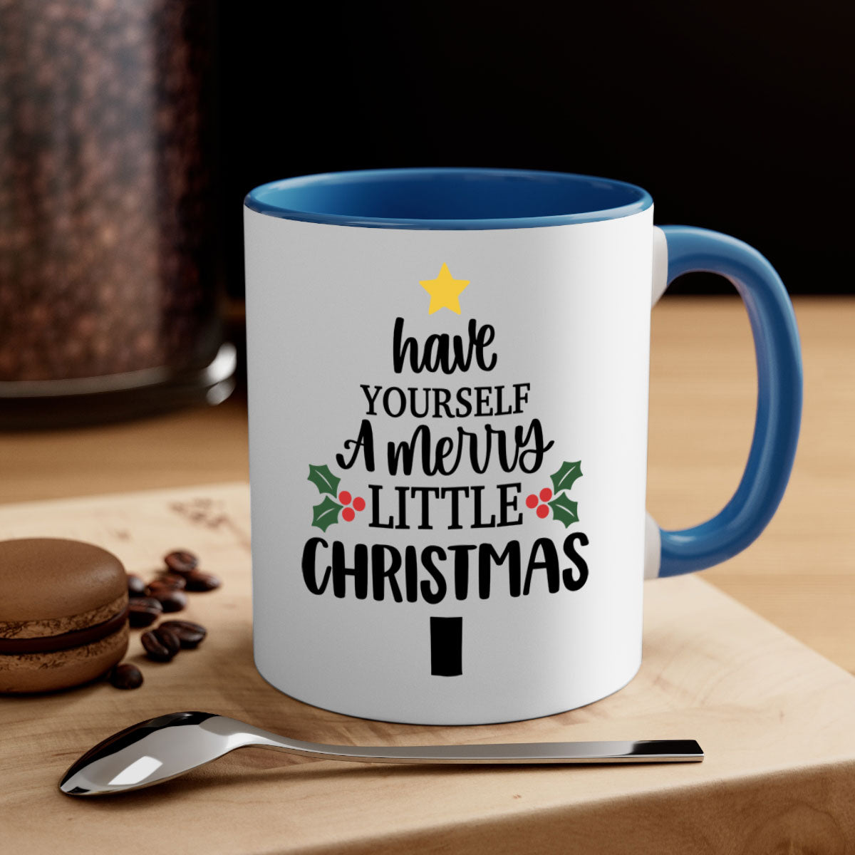 A festive two-tone Christmas mug with a colored handle and glossy finish, perfect for coffee or tea.