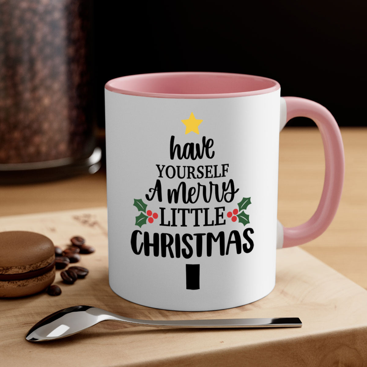A festive two-tone Christmas mug with a colored handle and glossy finish, perfect for coffee or tea.