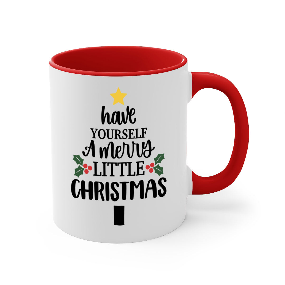 A festive two-tone Christmas mug with a colored handle and glossy finish, perfect for coffee or tea.