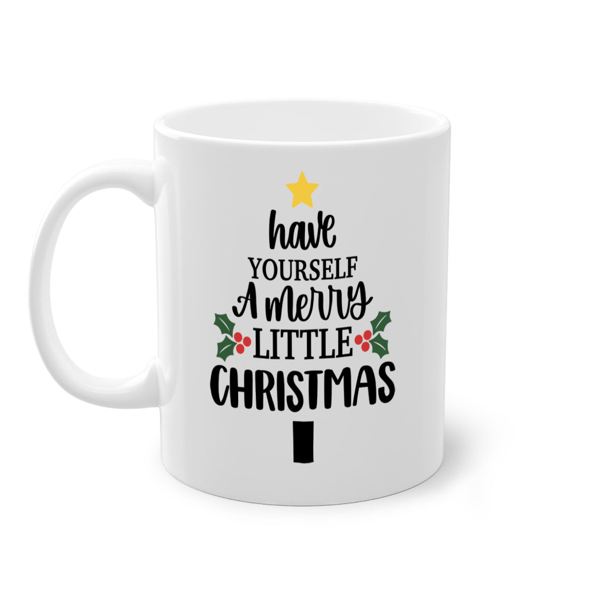 A festive two-tone Christmas mug with a colored handle and glossy finish, perfect for coffee or tea.
