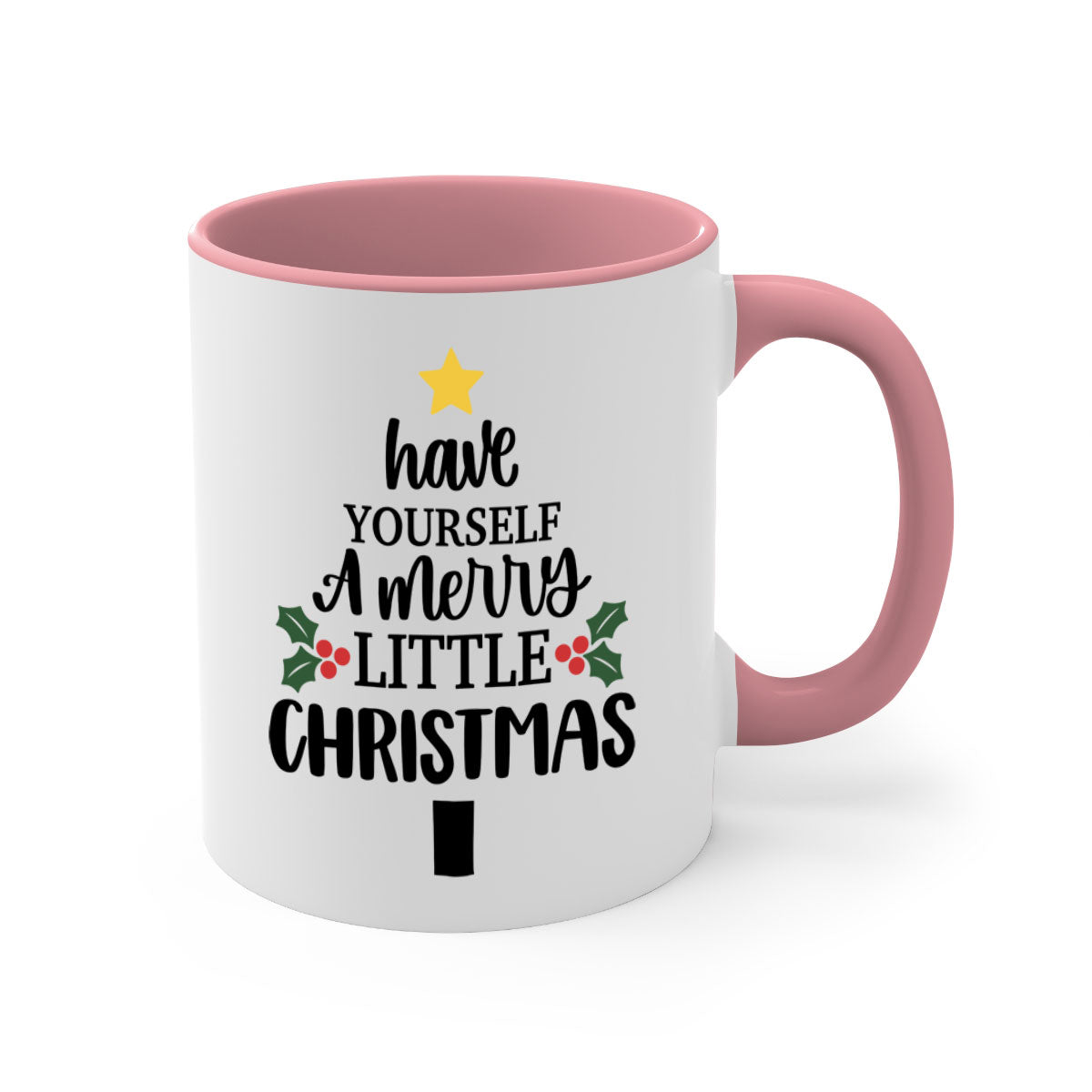 A festive two-tone Christmas mug with a colored handle and glossy finish, perfect for coffee or tea.