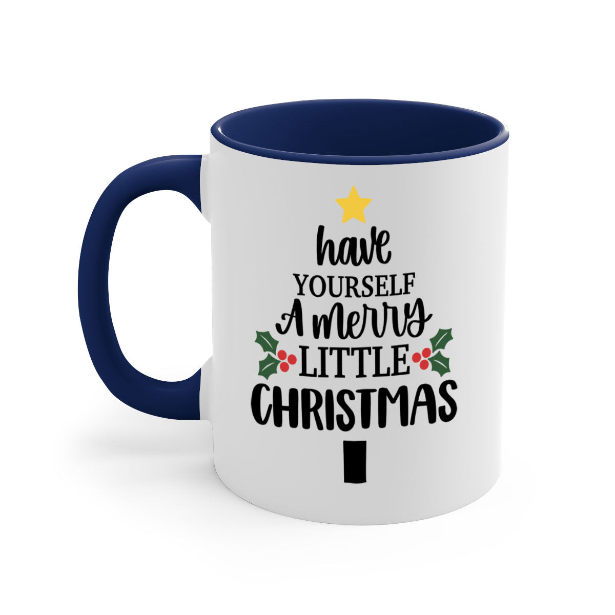 A festive two-tone Christmas mug with a colored handle and glossy finish, perfect for coffee or tea.