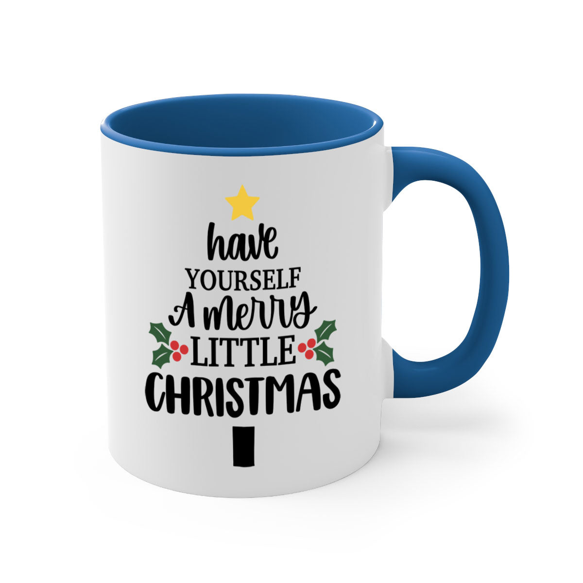 A festive two-tone Christmas mug with a colored handle and glossy finish, perfect for coffee or tea.