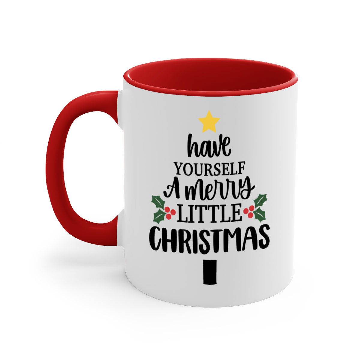 A festive two-tone Christmas mug with a colored handle and glossy finish, perfect for coffee or tea.