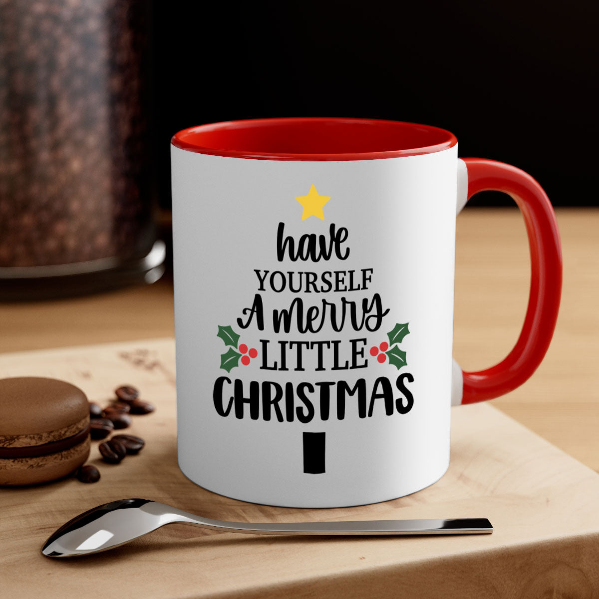 A festive two-tone Christmas mug with a colored handle and glossy finish, perfect for coffee or tea.