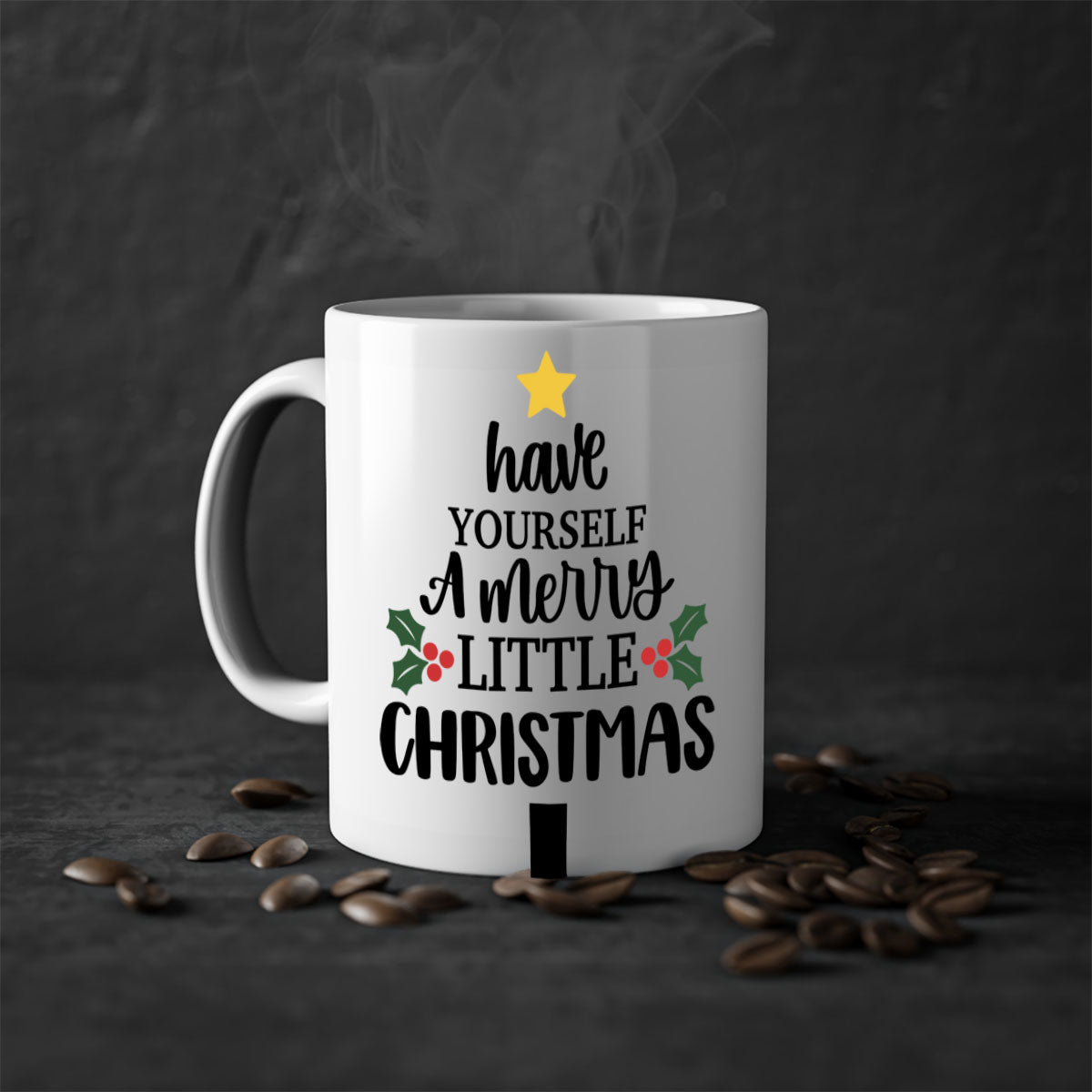 A festive two-tone Christmas mug with a colored handle and glossy finish, perfect for coffee or tea.