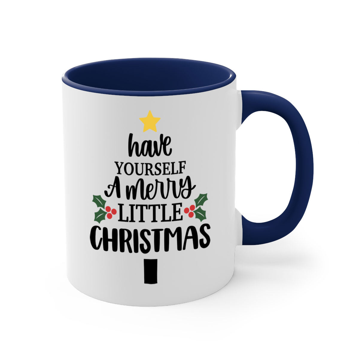 A festive two-tone Christmas mug with a colored handle and glossy finish, perfect for coffee or tea.