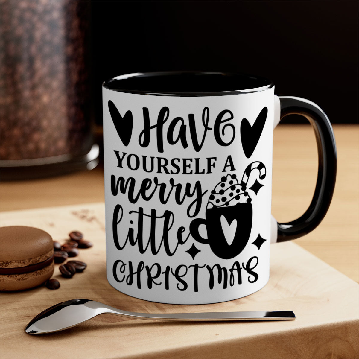 A festive two-tone Christmas mug with a colored handle and glossy finish, perfect for holiday beverages.