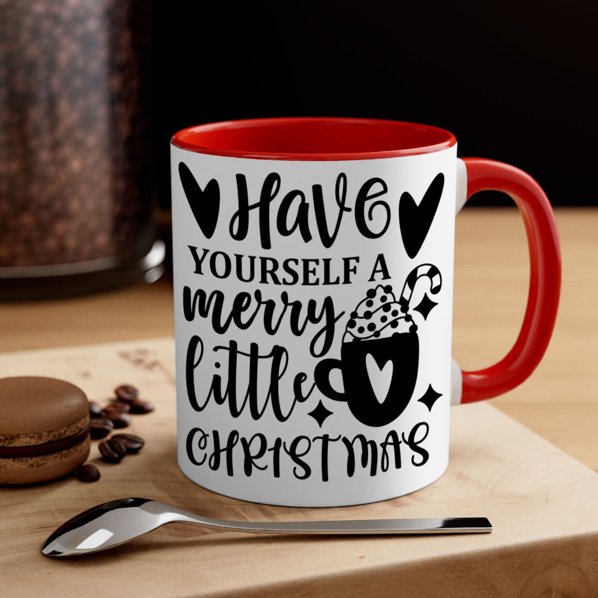A festive two-tone Christmas mug with a colored handle and glossy finish, perfect for holiday beverages.