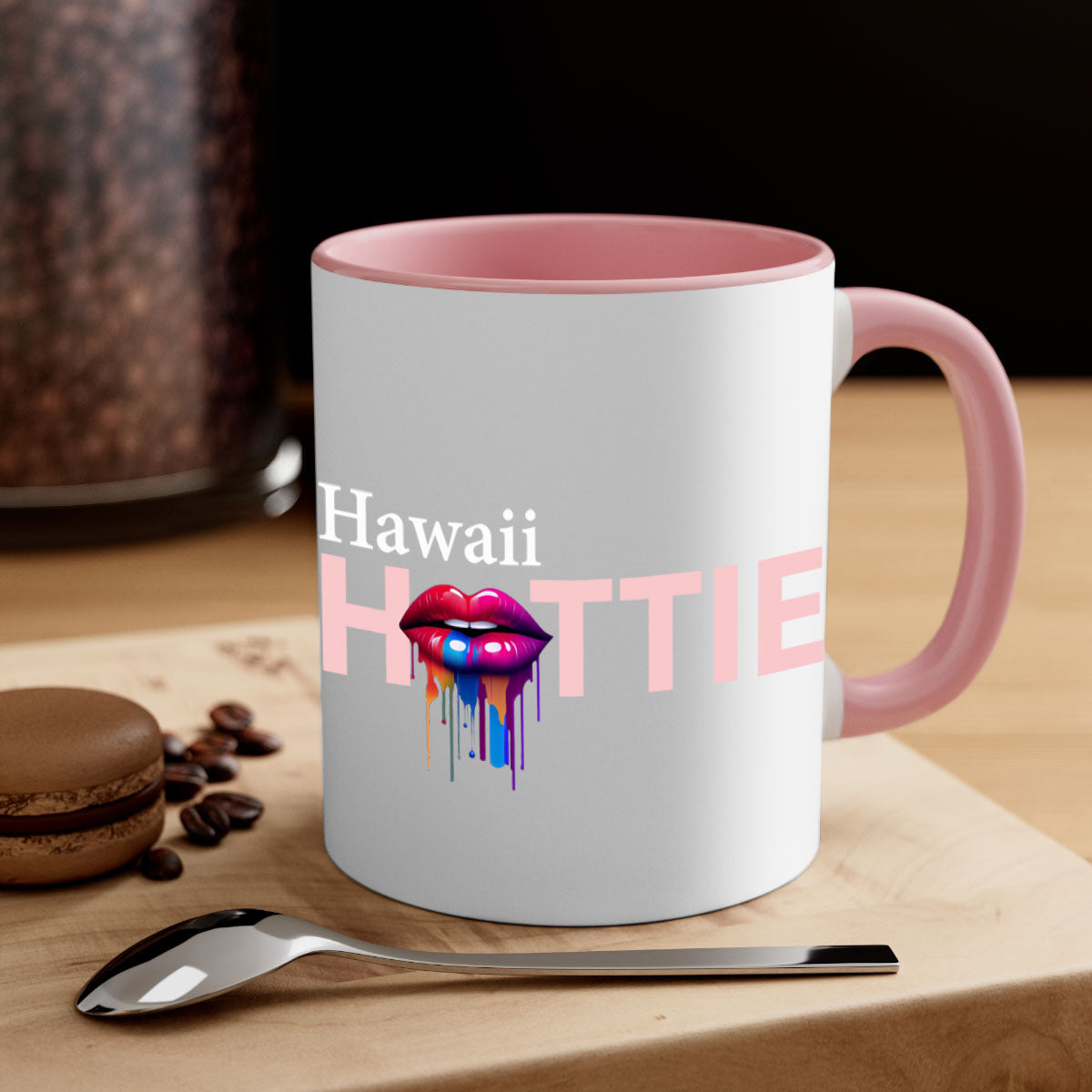 Hawaii Hottie Mug with dripping lips design, featuring a glossy finish and colored handle.