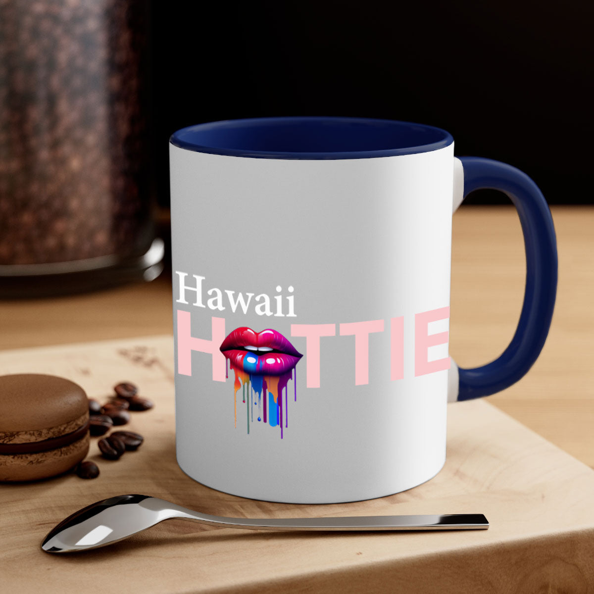 Hawaii Hottie Mug with dripping lips design, featuring a glossy finish and colored handle.