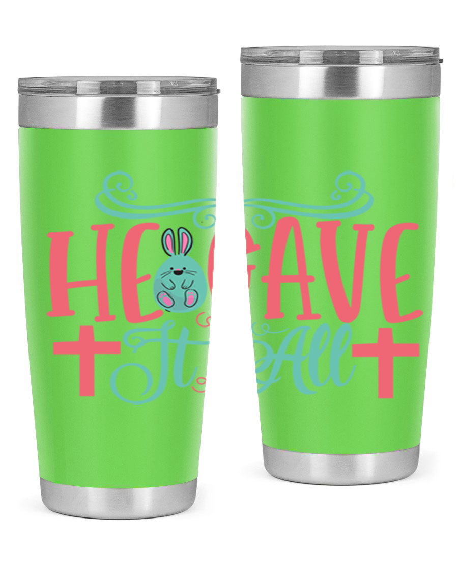 He Gave It All 119# Easter Tumbler featuring double wall vacuum stainless steel design with a colorful Easter-themed print.