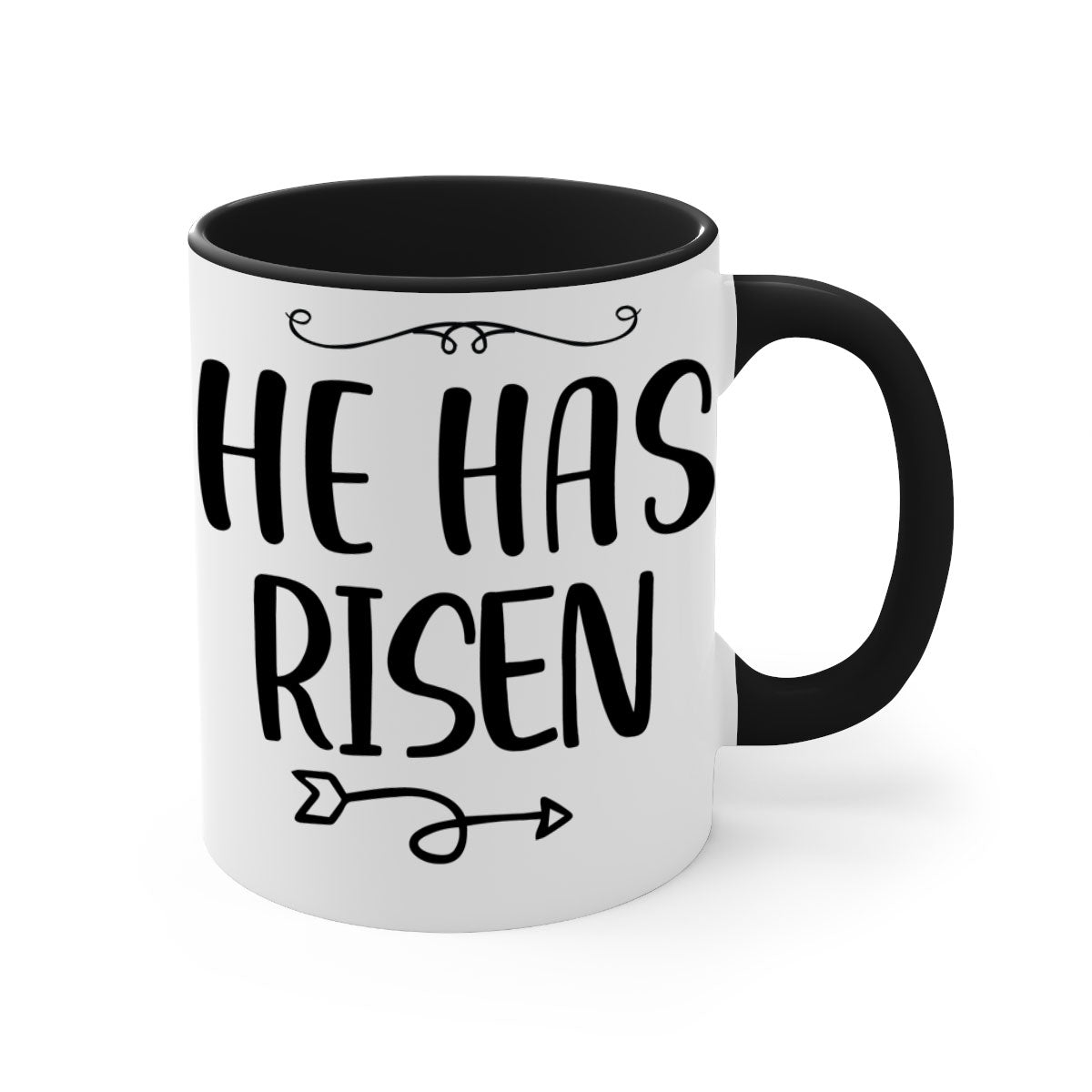 He Has Risen Style 280# Christmas Mug with a glossy finish, featuring a colored handle and interior, available in five vibrant colors.