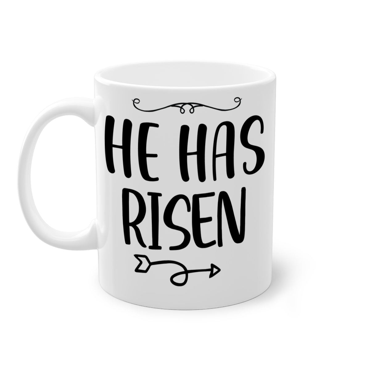 He Has Risen Style 280# Christmas Mug with a glossy finish, featuring a colored handle and interior, available in five vibrant colors.