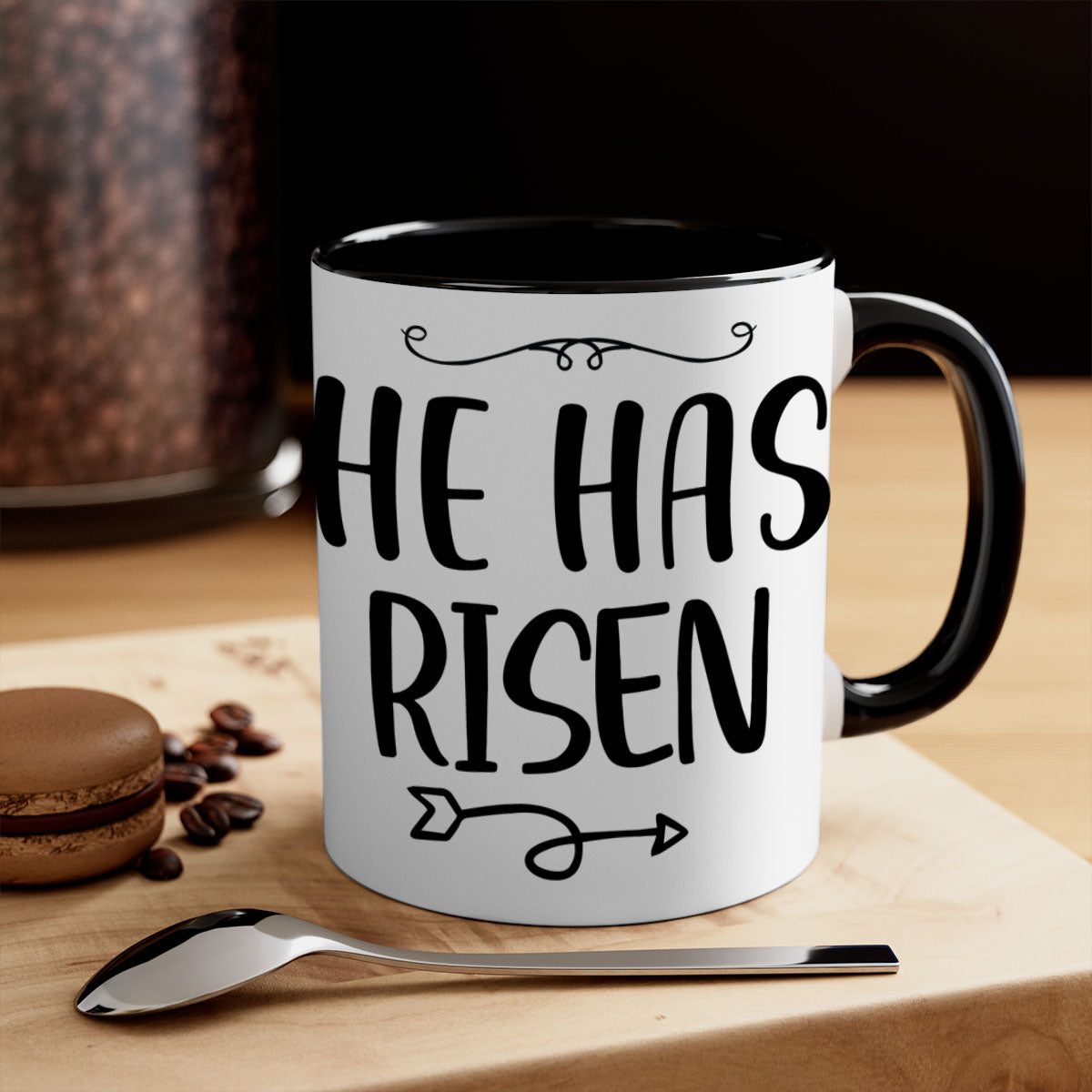 He Has Risen Style 280# Christmas Mug with a glossy finish, featuring a colored handle and interior, available in five vibrant colors.