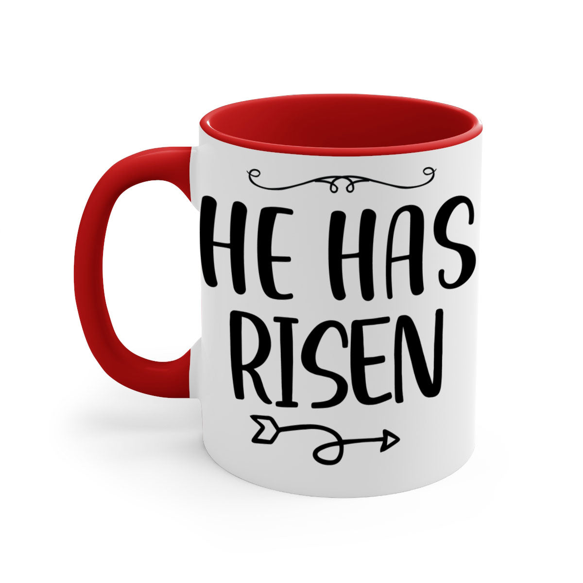 He Has Risen Style 280# Christmas Mug with a glossy finish, featuring a colored handle and interior, available in five vibrant colors.