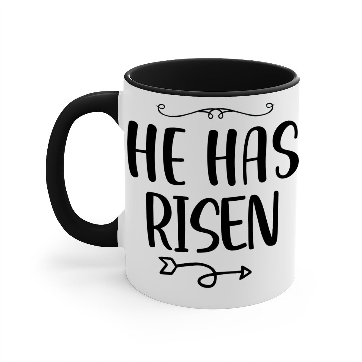 He Has Risen Style 280# Christmas Mug with a glossy finish, featuring a colored handle and interior, available in five vibrant colors.