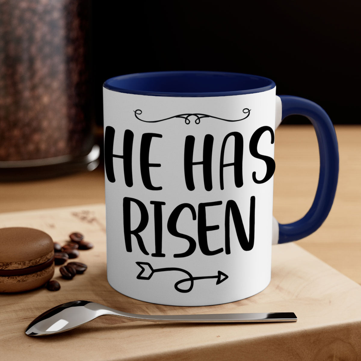 He Has Risen Style 280# Christmas Mug with a glossy finish, featuring a colored handle and interior, available in five vibrant colors.