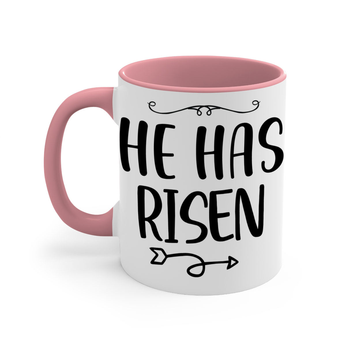 He Has Risen Style 280# Christmas Mug with a glossy finish, featuring a colored handle and interior, available in five vibrant colors.