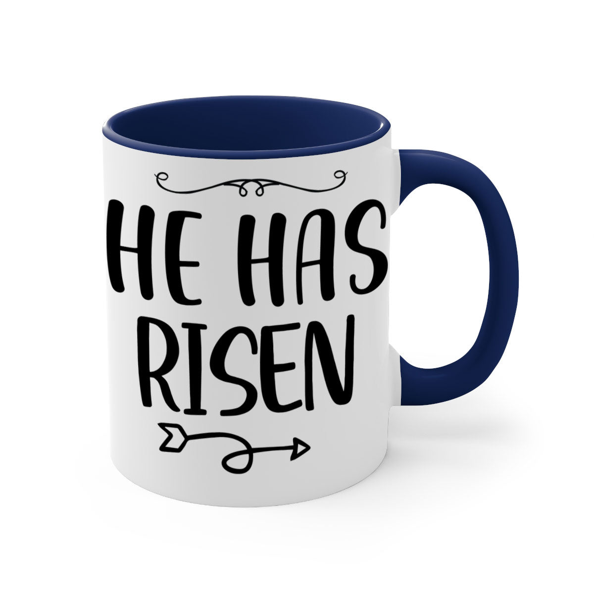 He Has Risen Style 280# Christmas Mug with a glossy finish, featuring a colored handle and interior, available in five vibrant colors.