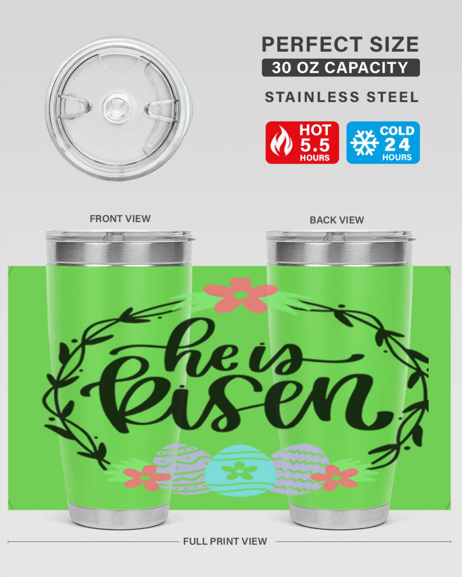 He is Risen 20oz tumbler featuring double wall vacuum stainless steel design with a drink-thru lid, perfect for hot and cold beverages.