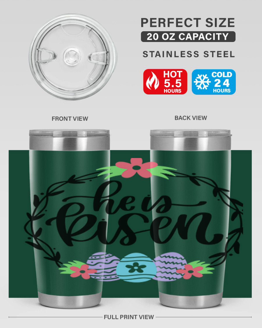 He is Risen 20oz tumbler featuring double wall vacuum stainless steel design with a drink-thru lid, perfect for hot and cold beverages.