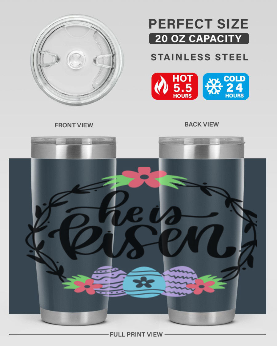 He is Risen 20oz tumbler featuring double wall vacuum stainless steel design with a drink-thru lid, perfect for hot and cold beverages.