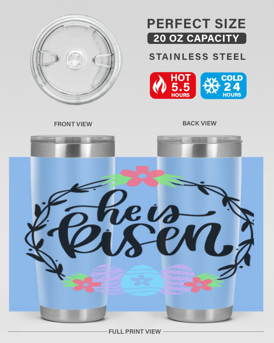He is Risen 20oz tumbler featuring double wall vacuum stainless steel design with a drink-thru lid, perfect for hot and cold beverages.