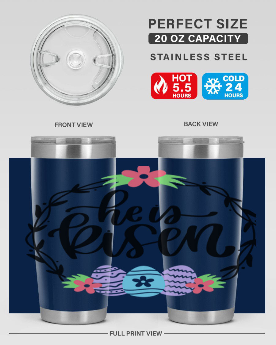 He is Risen 20oz tumbler featuring double wall vacuum stainless steel design with a drink-thru lid, perfect for hot and cold beverages.