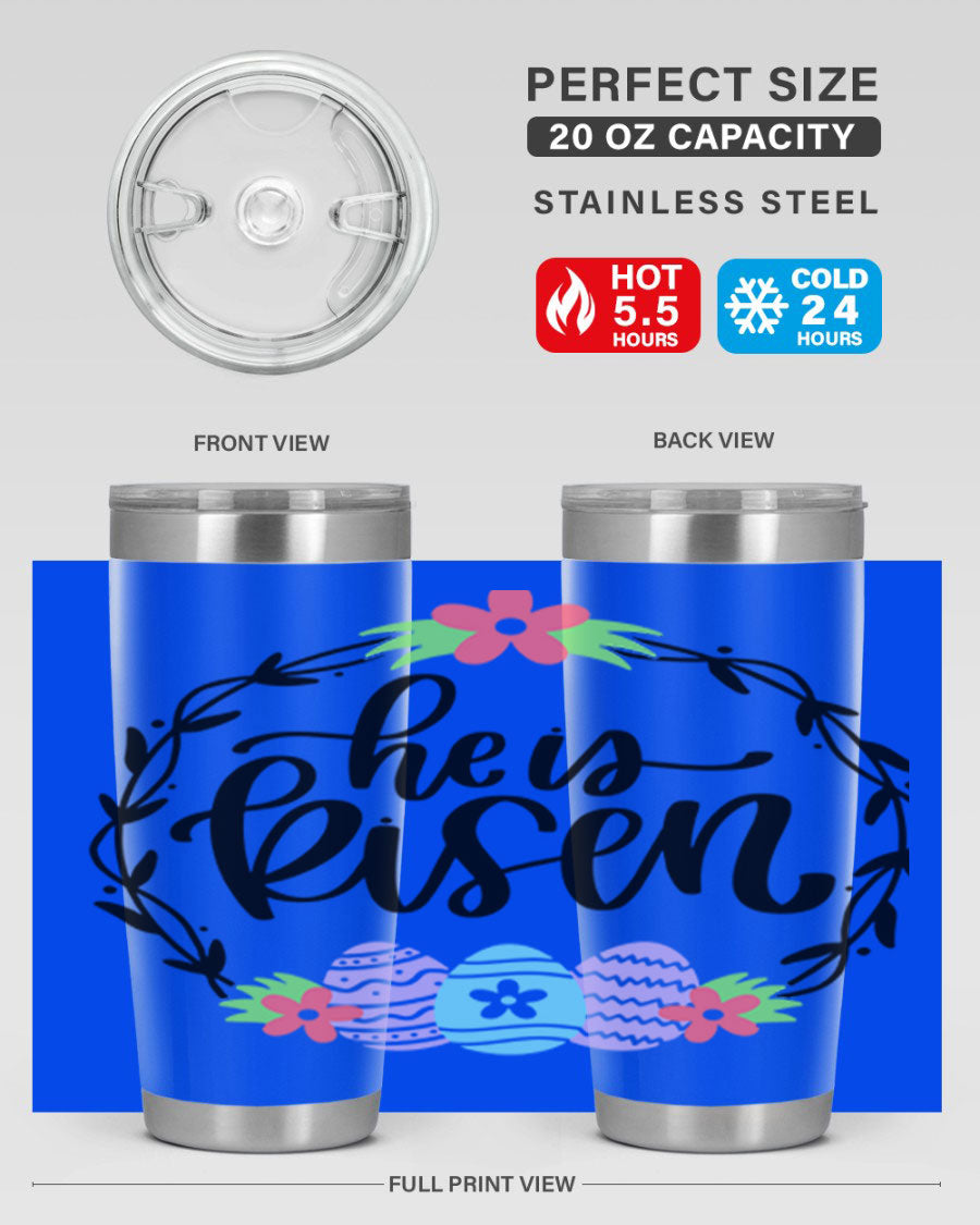 He is Risen 20oz tumbler featuring double wall vacuum stainless steel design with a drink-thru lid, perfect for hot and cold beverages.