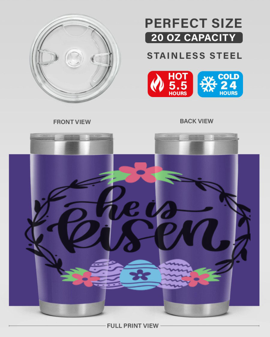 He is Risen 20oz tumbler featuring double wall vacuum stainless steel design with a drink-thru lid, perfect for hot and cold beverages.
