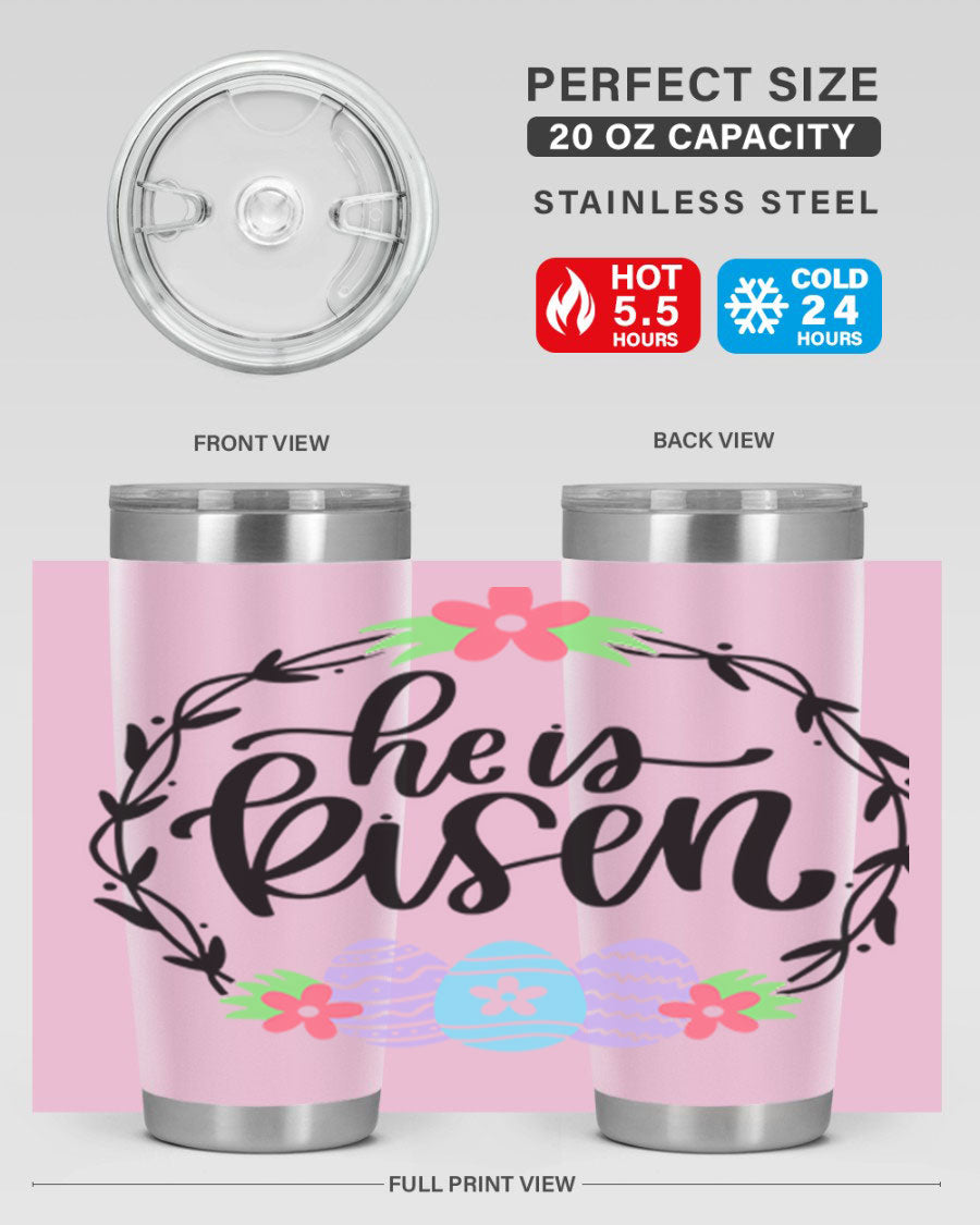 He is Risen 20oz tumbler featuring double wall vacuum stainless steel design with a drink-thru lid, perfect for hot and cold beverages.