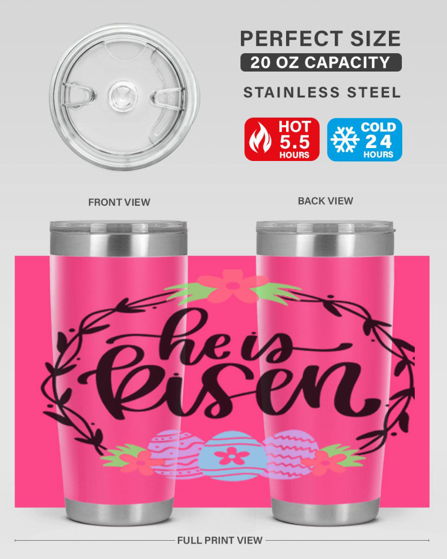 He is Risen 20oz tumbler featuring double wall vacuum stainless steel design with a drink-thru lid, perfect for hot and cold beverages.