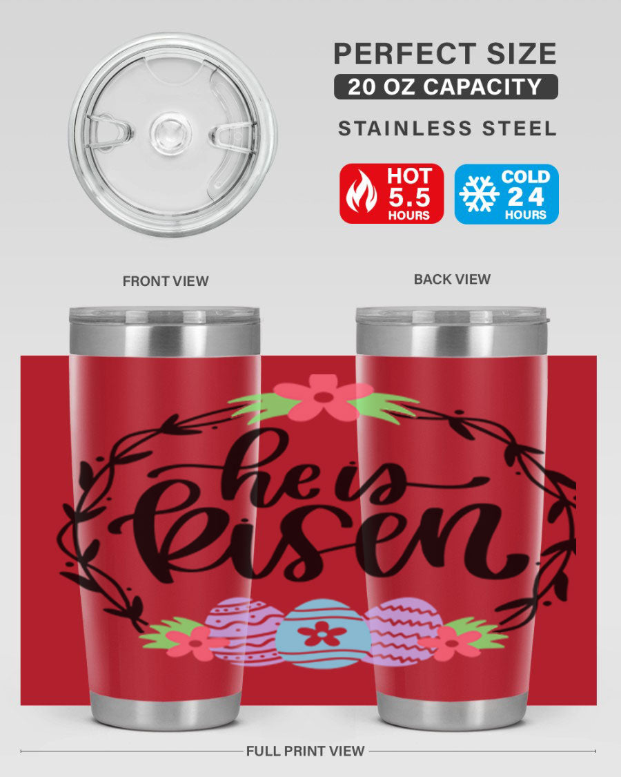 He is Risen 20oz tumbler featuring double wall vacuum stainless steel design with a drink-thru lid, perfect for hot and cold beverages.