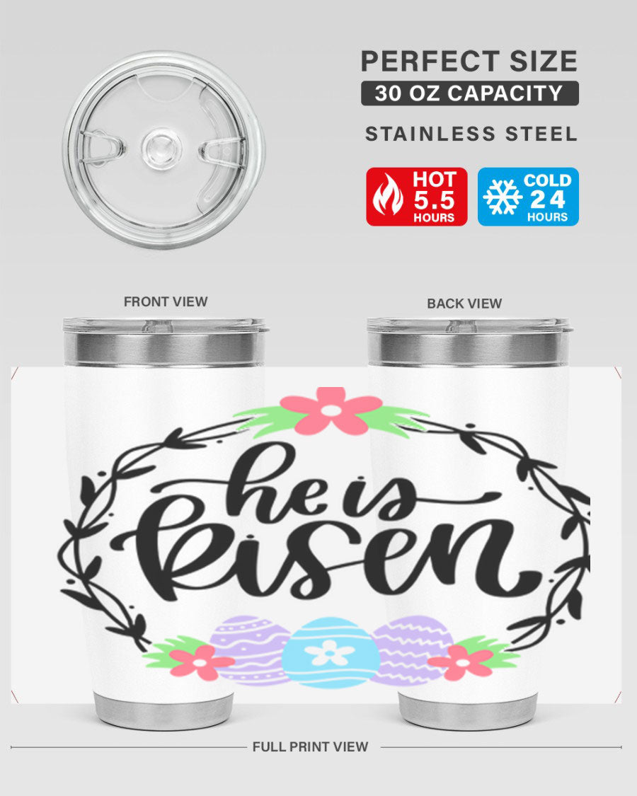He is Risen 20oz tumbler featuring double wall vacuum stainless steel design with a drink-thru lid, perfect for hot and cold beverages.