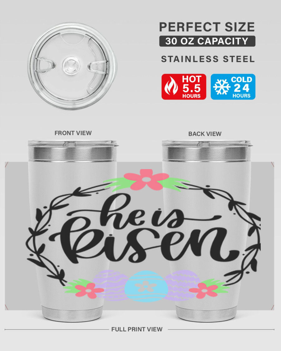 He is Risen 20oz tumbler featuring double wall vacuum stainless steel design with a drink-thru lid, perfect for hot and cold beverages.