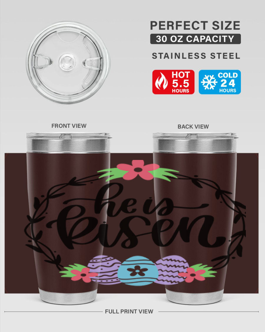 He is Risen 20oz tumbler featuring double wall vacuum stainless steel design with a drink-thru lid, perfect for hot and cold beverages.