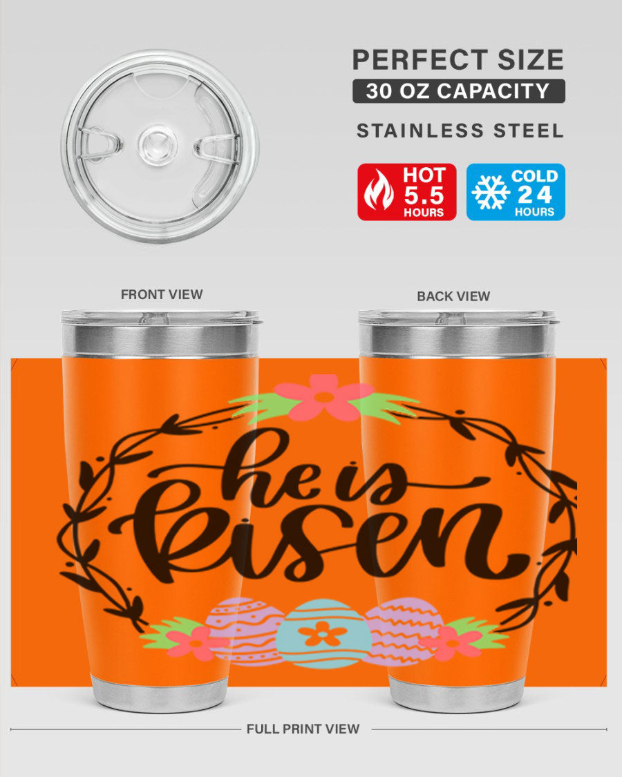 He is Risen 20oz tumbler featuring double wall vacuum stainless steel design with a drink-thru lid, perfect for hot and cold beverages.